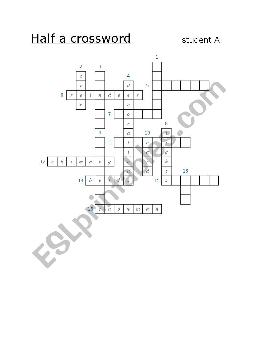 Christmas half a crossword worksheet