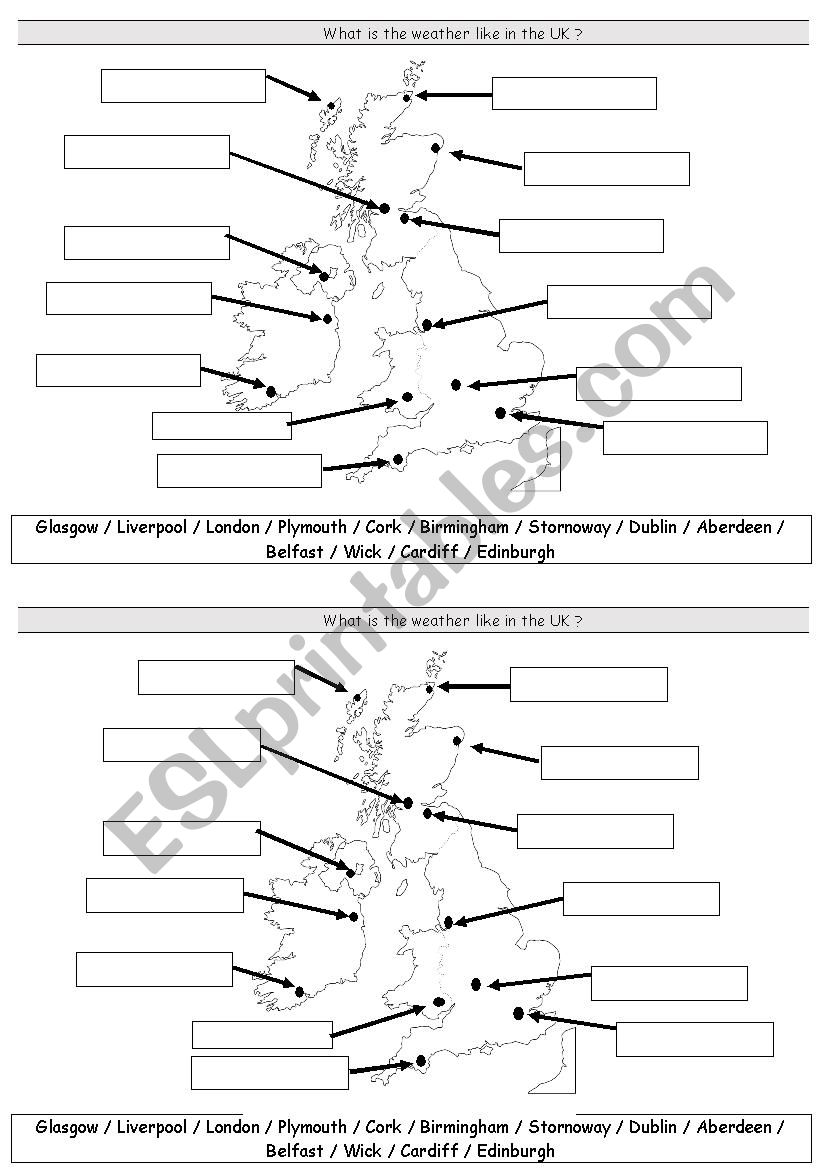 Cities in the UK worksheet