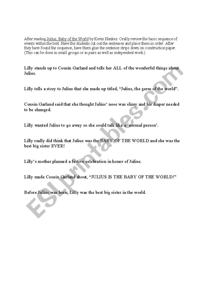Julius, Baby of the World Sequencing Activity