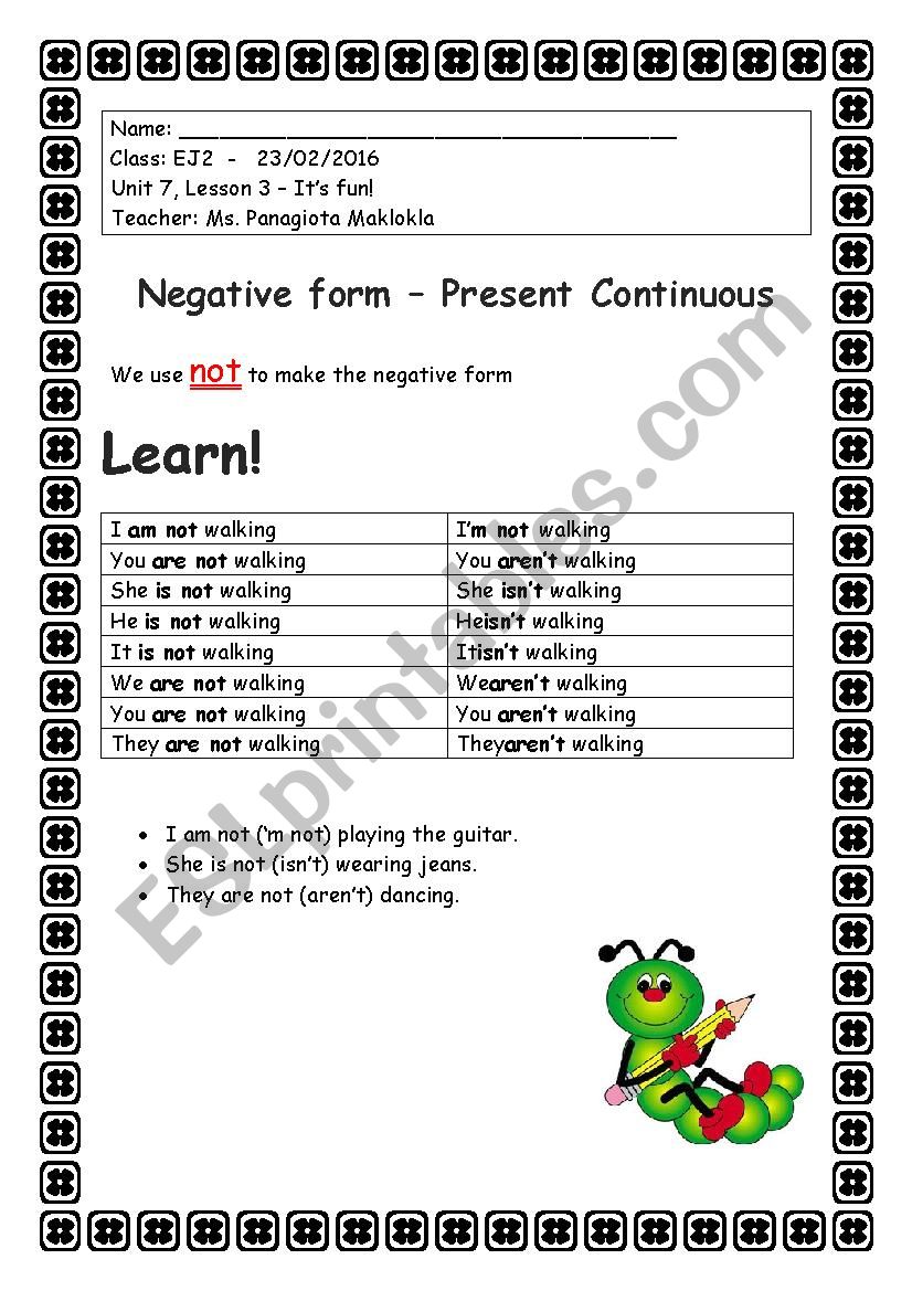 Present Continuous Negative worksheet