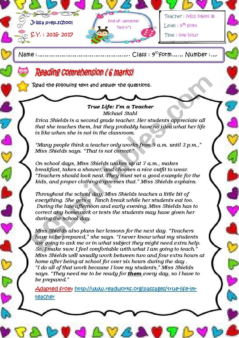 end of semester test NÂ°1.9th form Tunisian pupils