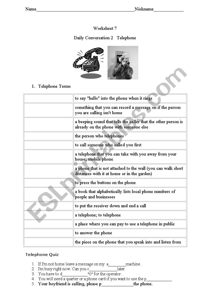 telephone worksheet