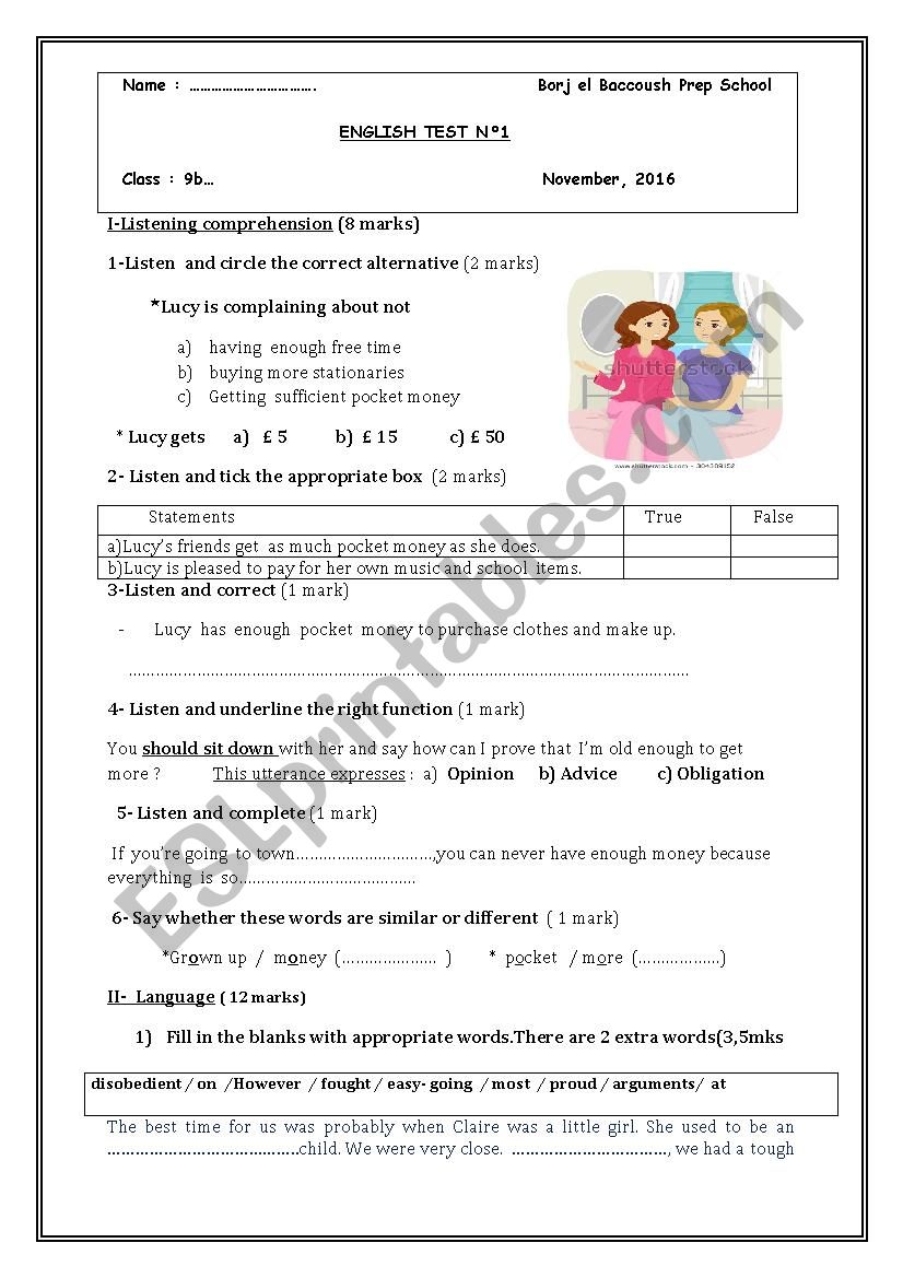 9th form (Test Mid-Term N1) worksheet