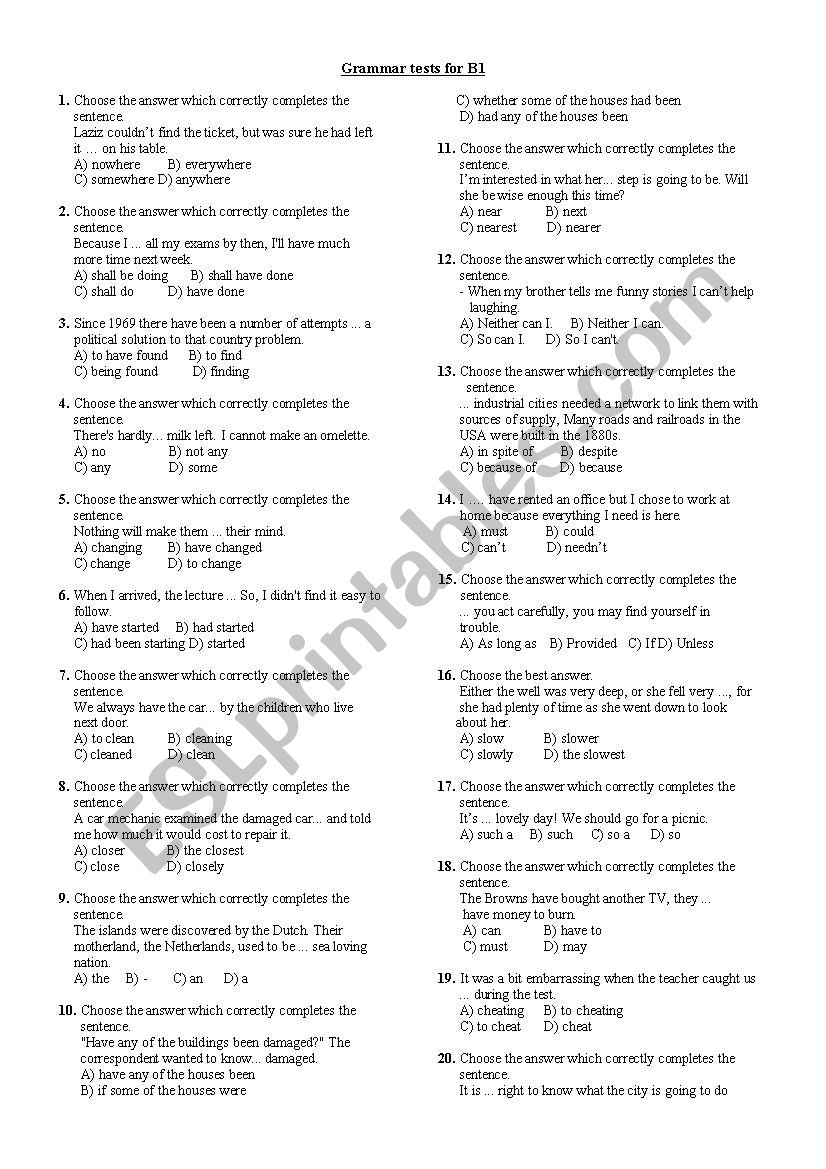 Grammar tests-5 B1 worksheet