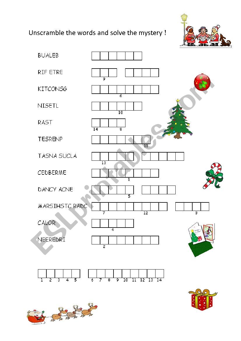 Christmas scrambled words worksheet