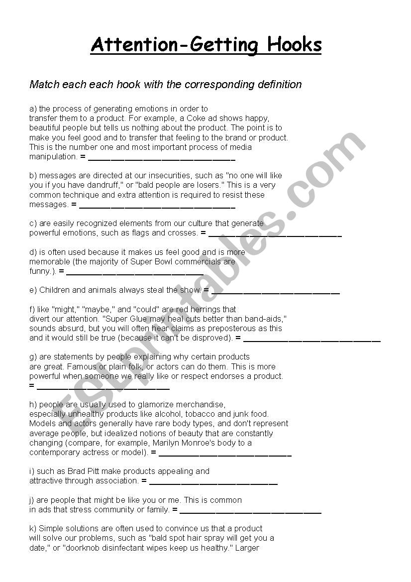 Attention getting hooks worksheet