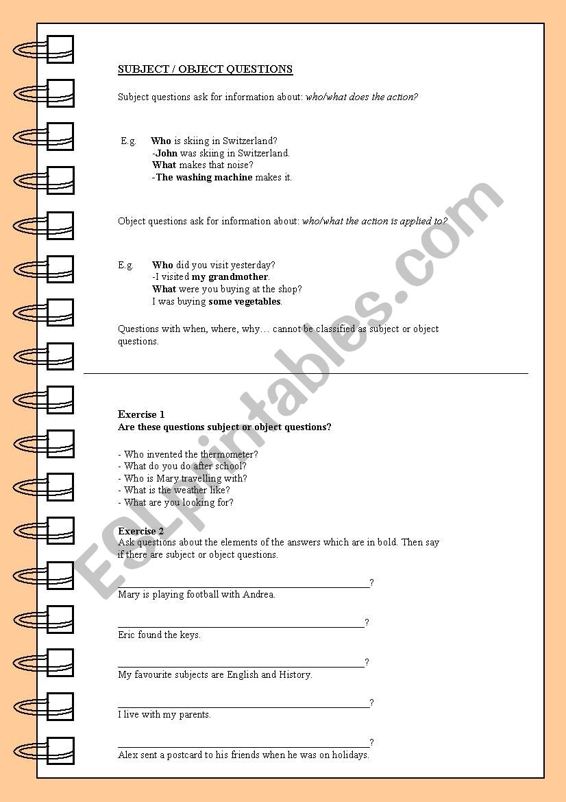 Subject and Object Questions worksheet