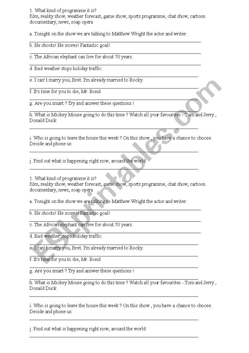 Kinds of programmes worksheet