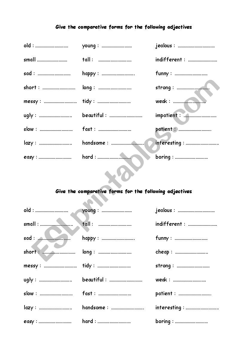 Comparative forms worksheet