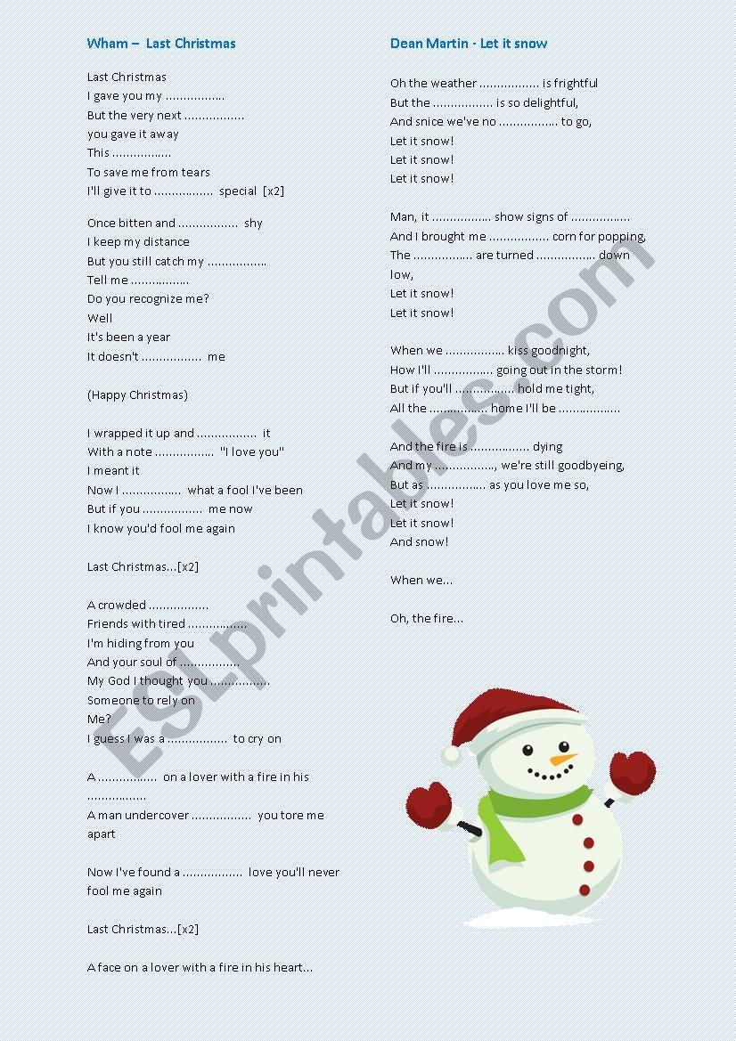 Christmas songs worksheet