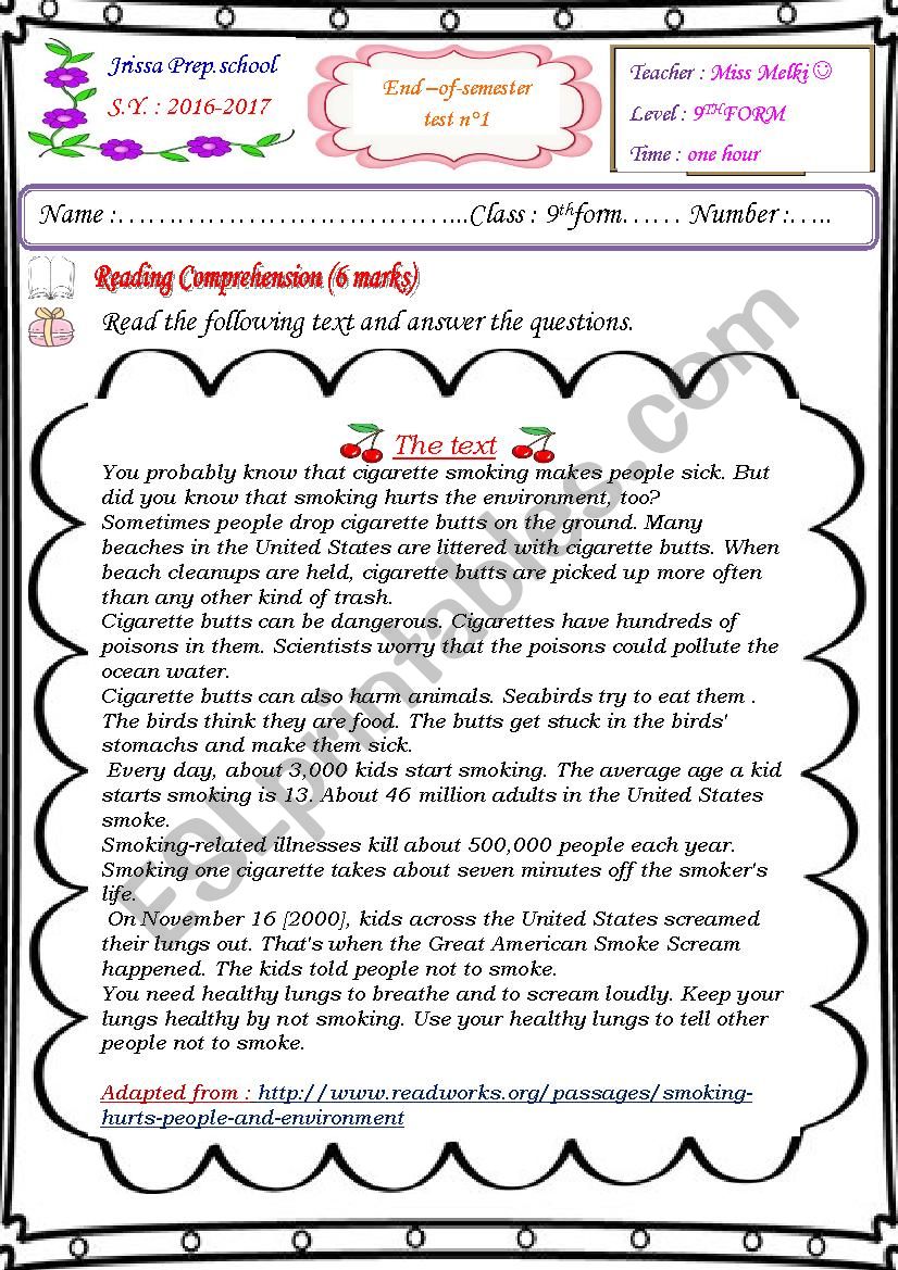 end of semester test NÂ°1.9th form Tunisian pupils