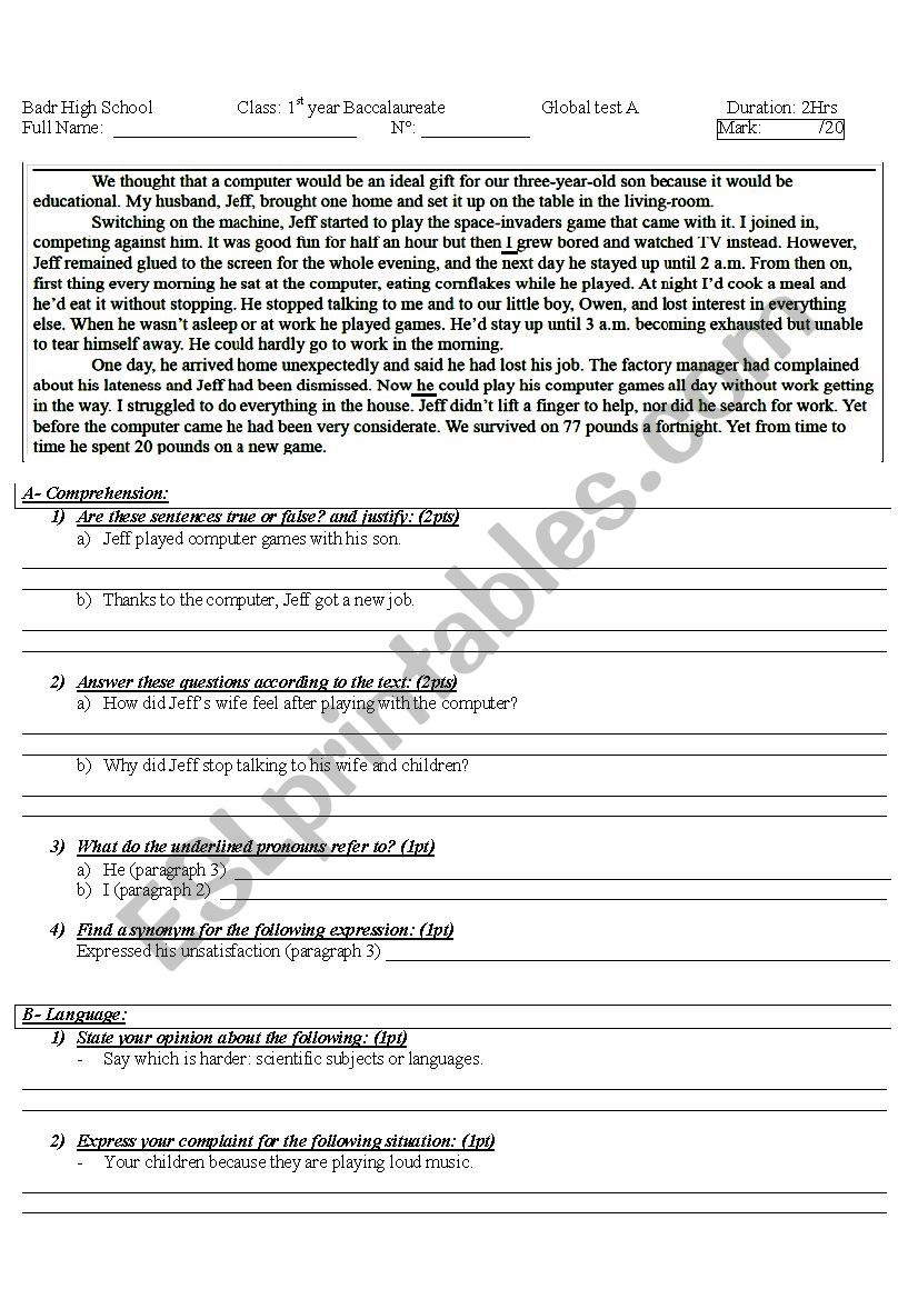 Global test worksheet