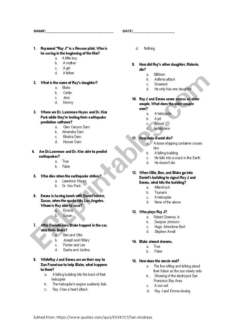 San Andreas (Movie Sheet) worksheet