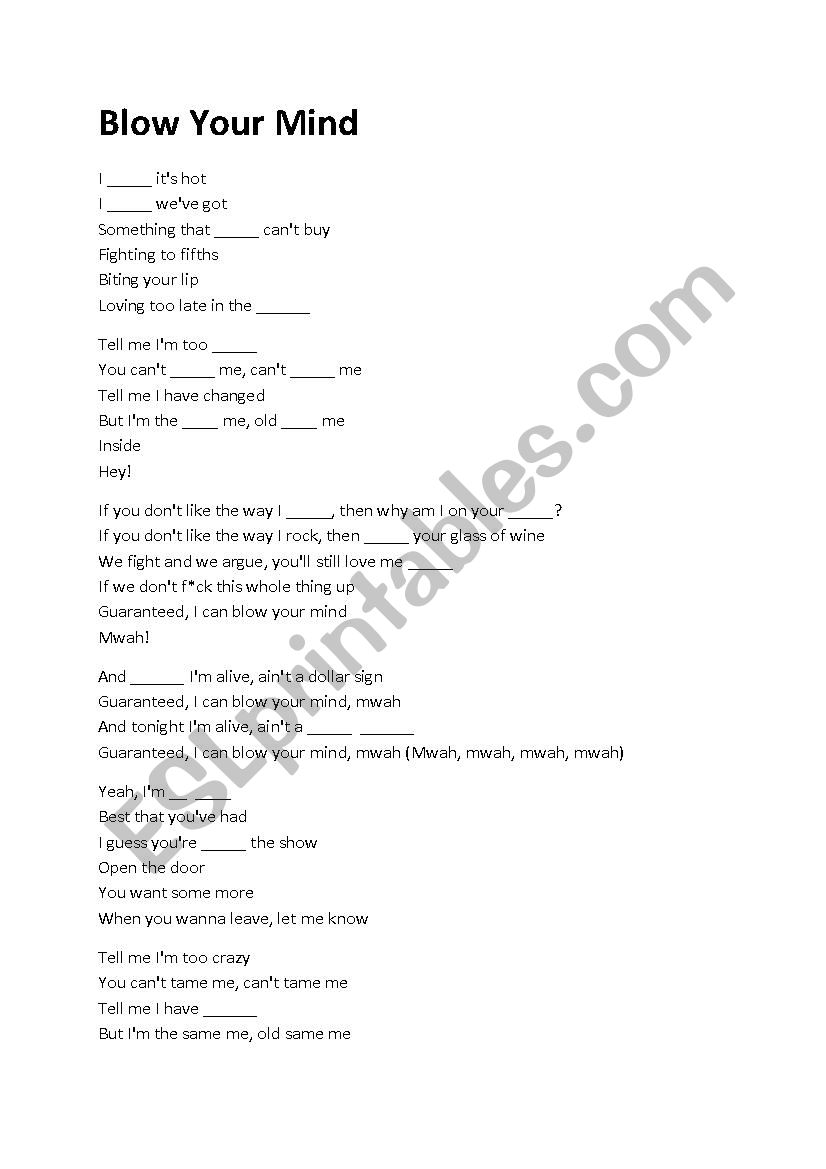 blow your mind song worksheet