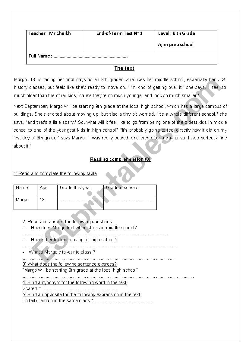 end of term test 9th forms worksheet