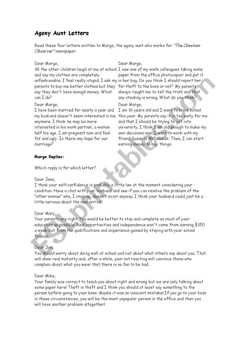 agony aunt letter worksheet