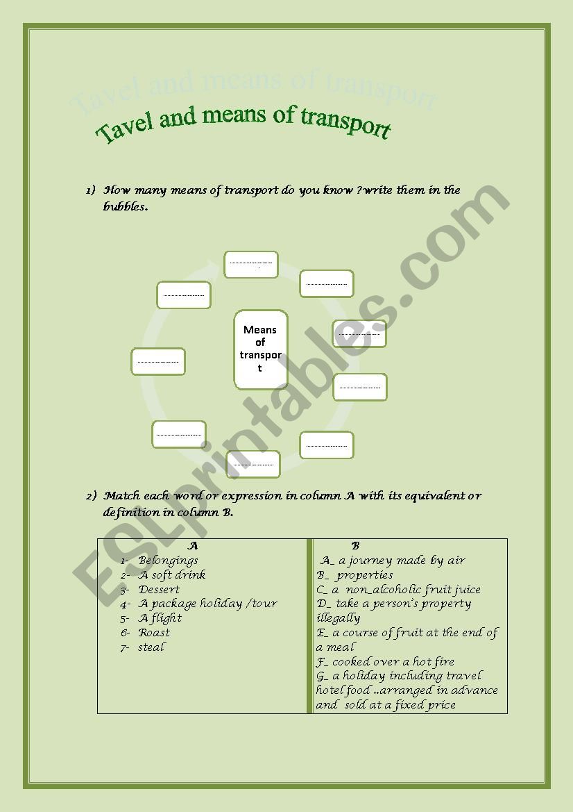 travel and means of transport worksheet