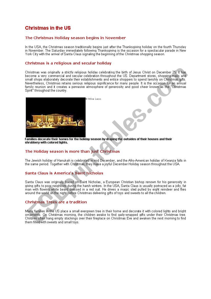 Christmas in the US worksheet