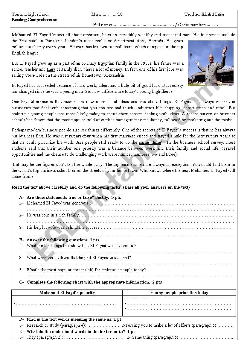 A successful businessman worksheet