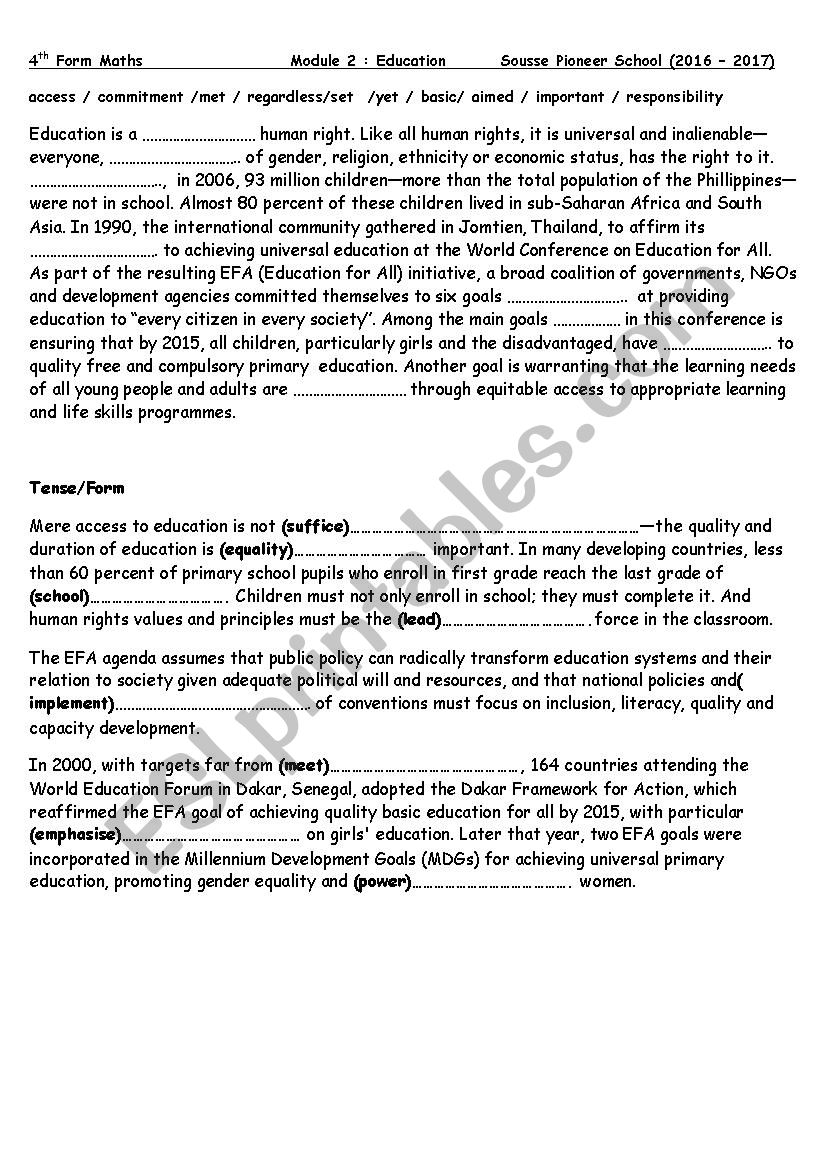 4th Form ( Module 2 Education ) Revision Sheet