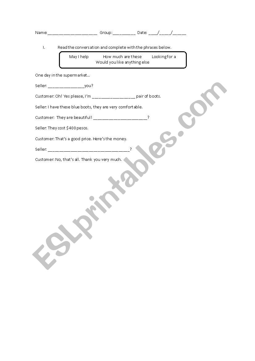 Shopping worksheet