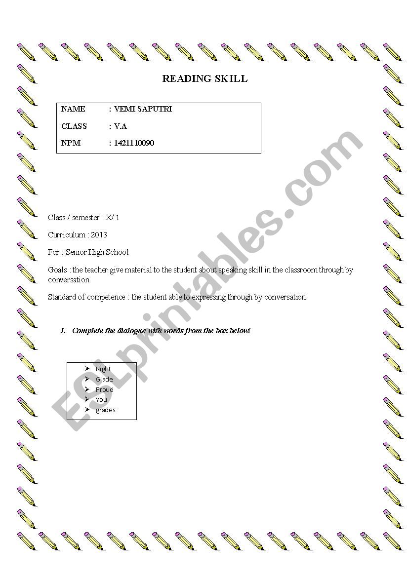 reading skill worksheet