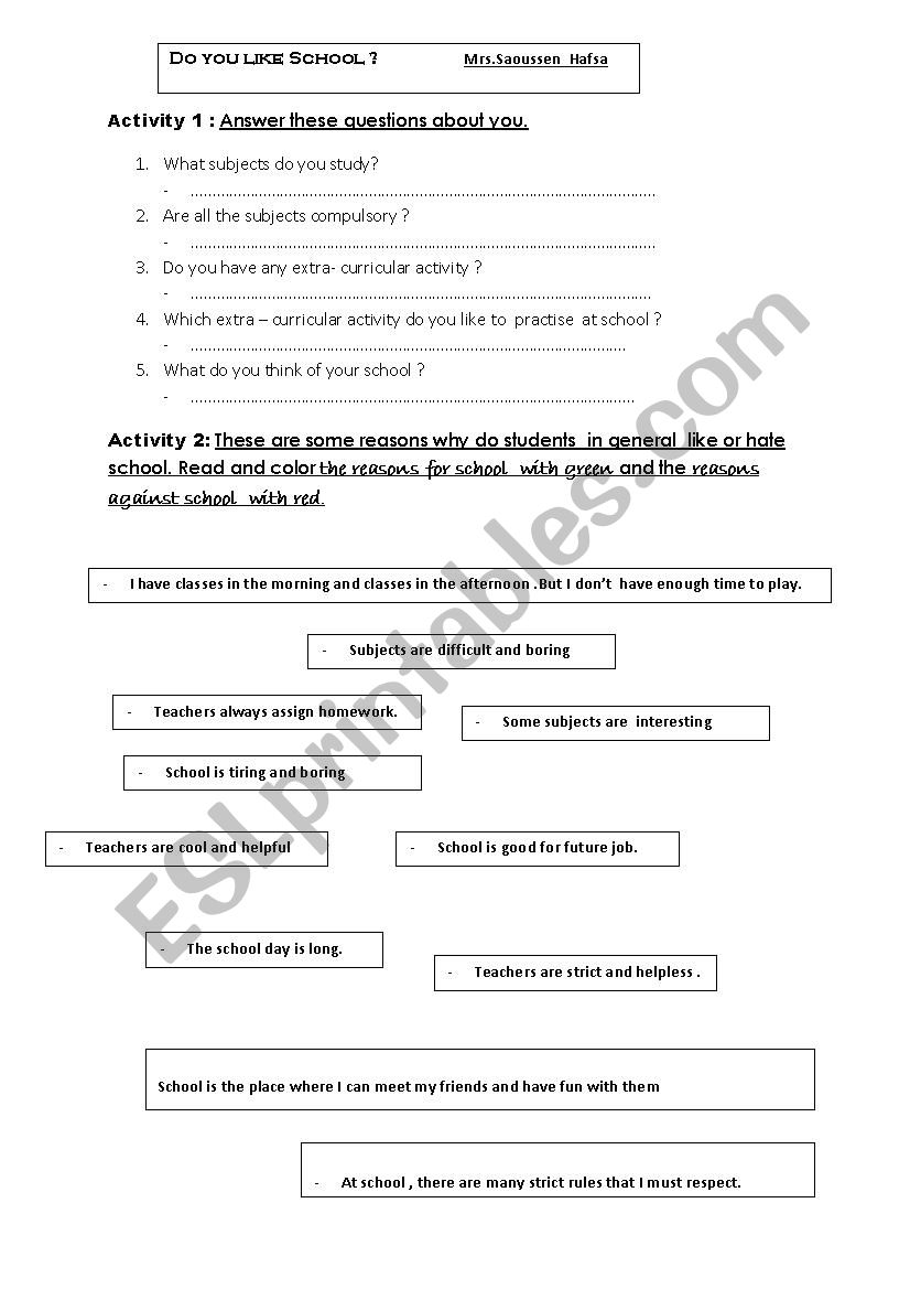 do you like school worksheet