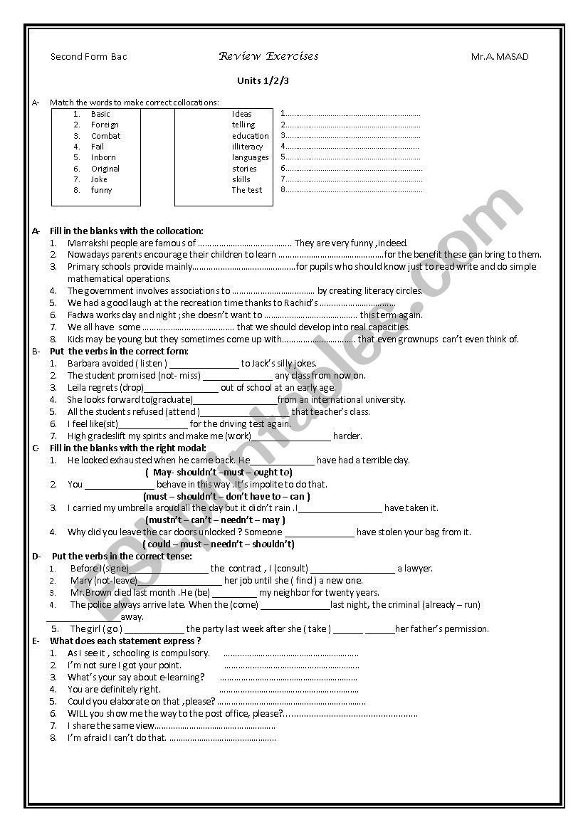 Review exercises units 1/2/3 Moroccan Bac students