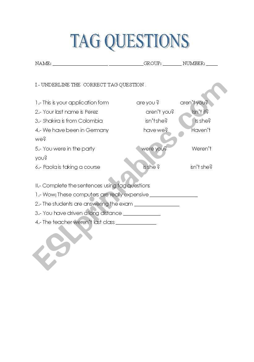 tag questions worksheet