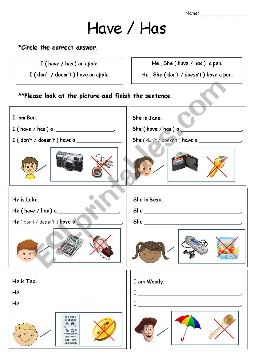 Have and Has worksheet