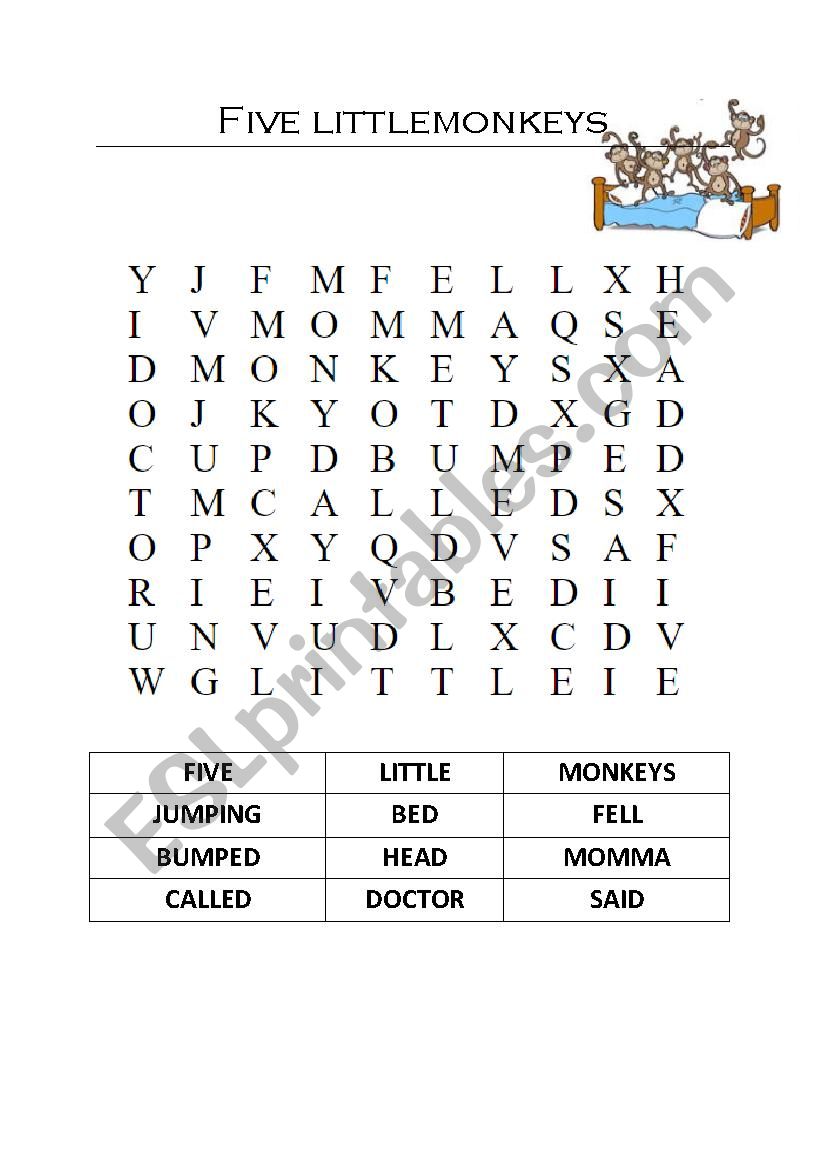 Five little monkeys - wordsearch