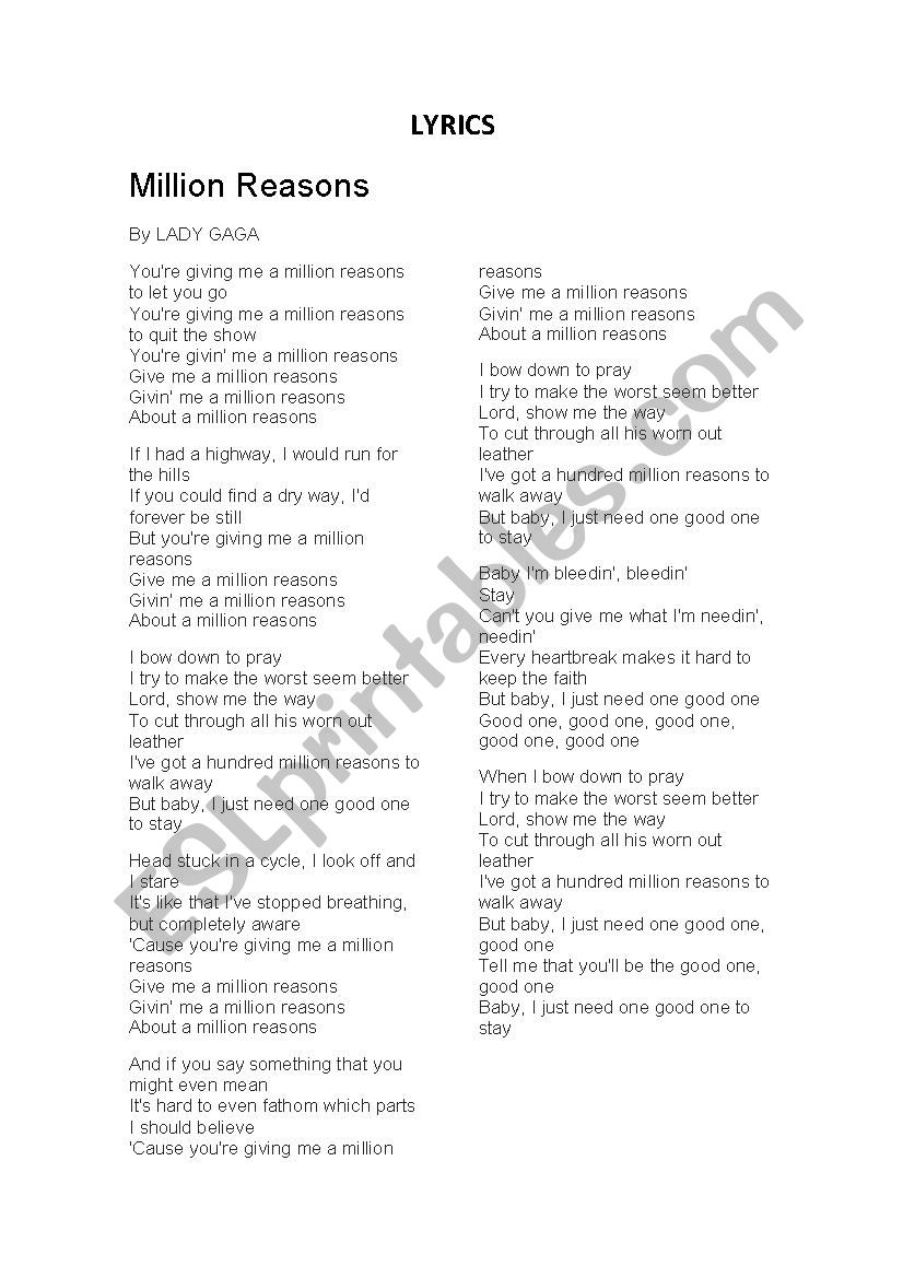 Lady Gaga Million Reasons Traduction MILLION REASONS by Lady Gaga - ESL worksheet by Britania