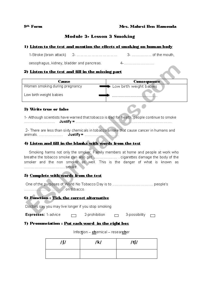 smoking worksheet