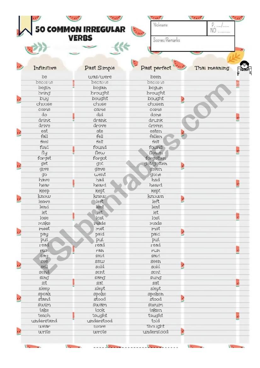 irregular verb list worksheet