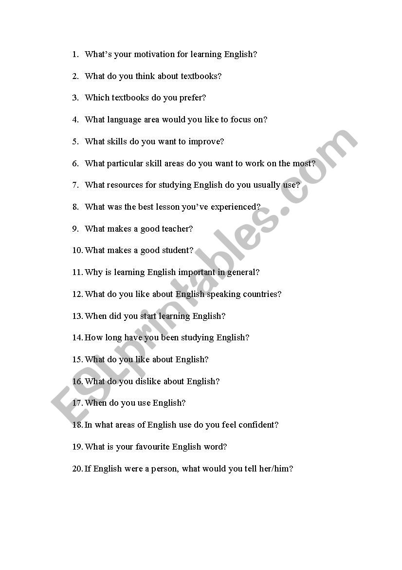 Your English Background and Goals - worksheet