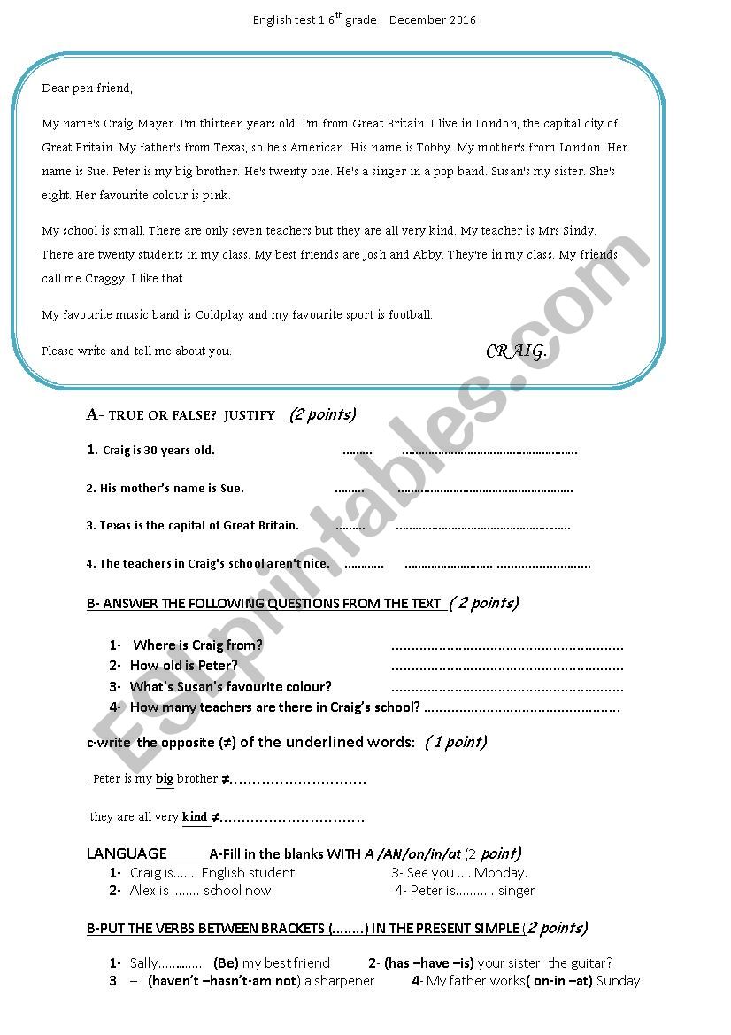 6th form test worksheet