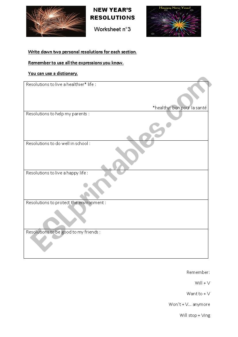 New Years resolutions 3 worksheet