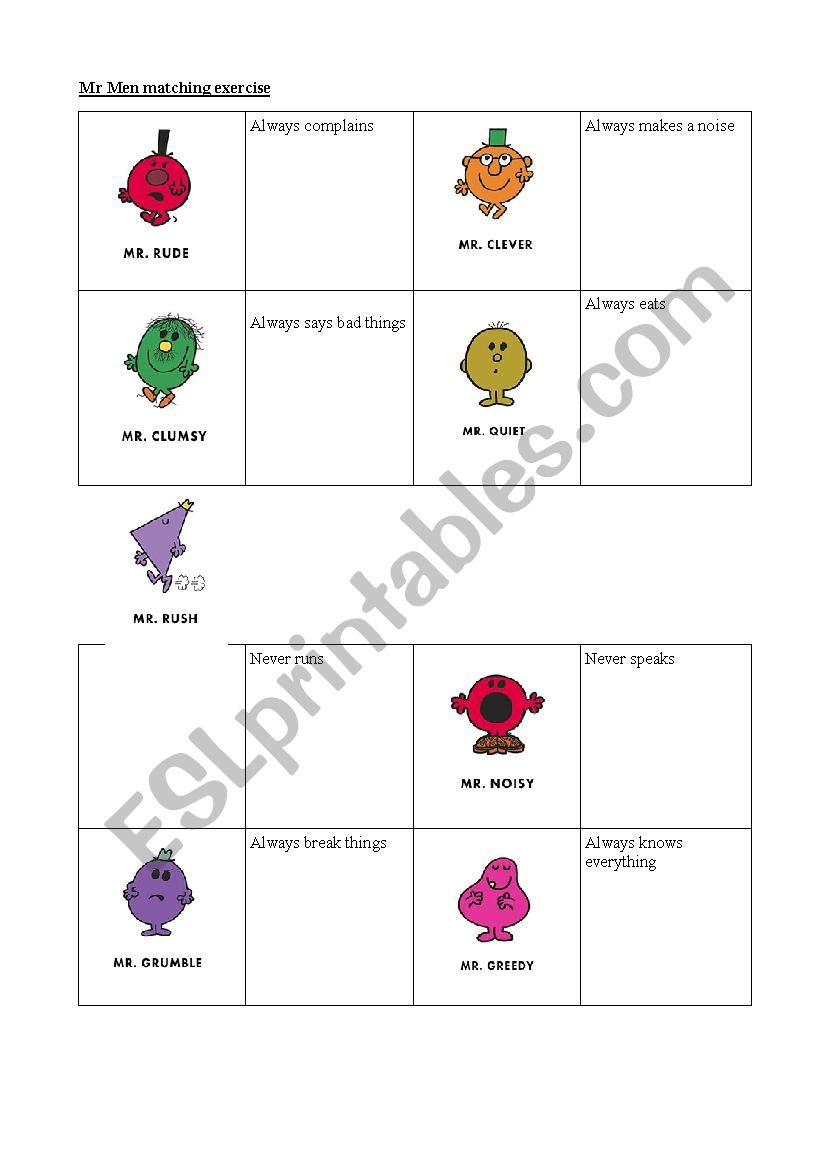 mr men matching exercise worksheet