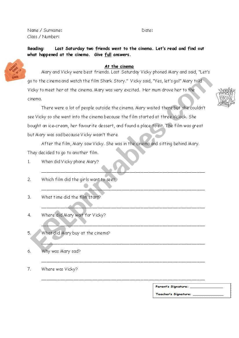 Two friend go to the cinema worksheet