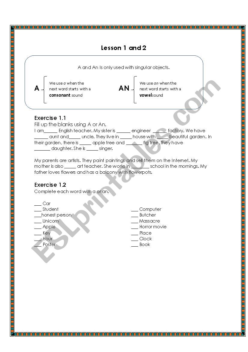 a and an, singular and plural nouns and verb to be 