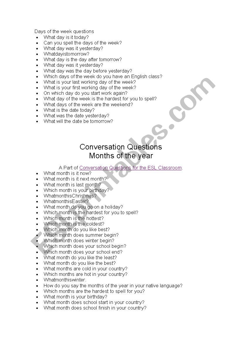 conversation days and months worksheet