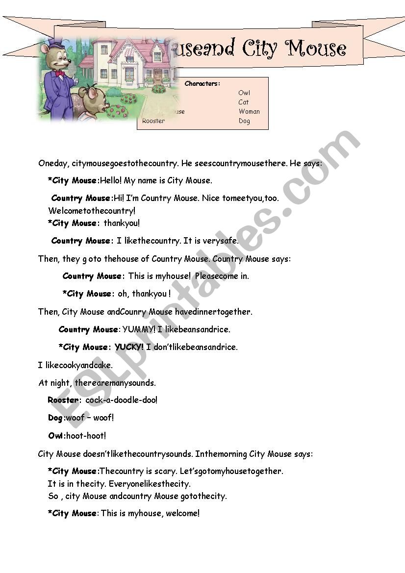 country mouse and city mouse worksheet