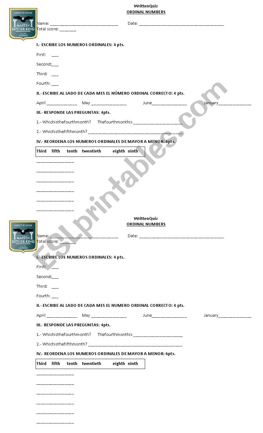 Quiz ordinal numbers worksheet