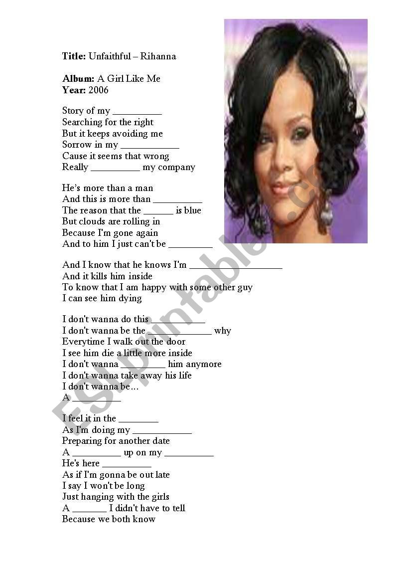 rihanna unfaithful worksheet