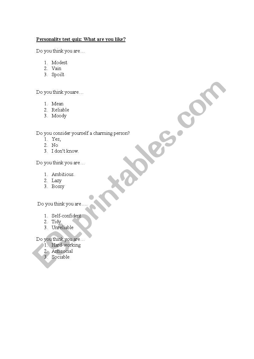 personality activity worksheet