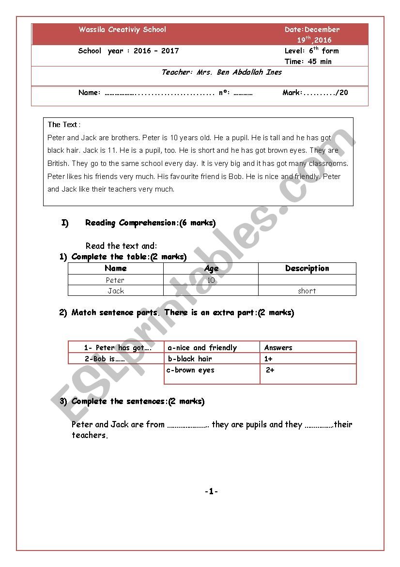 6th form test 1 worksheet