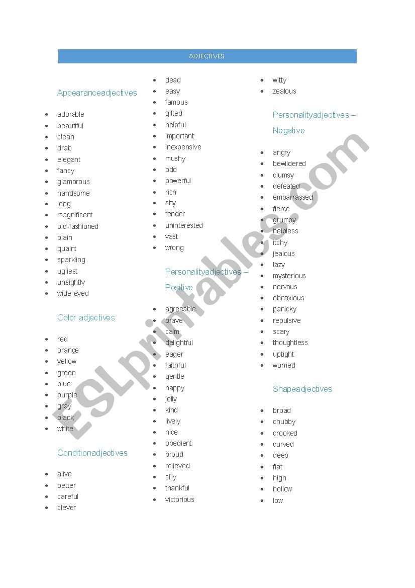 Adjectives list worksheet