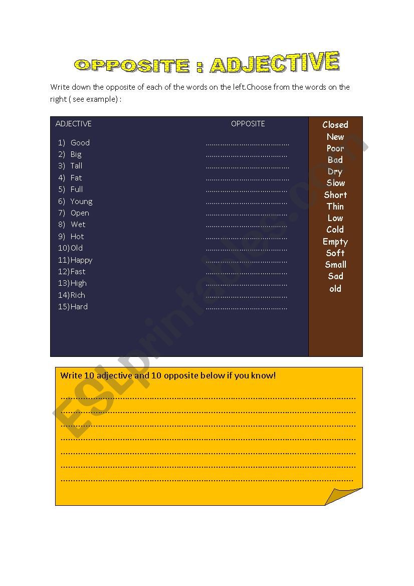 opposite worksheet