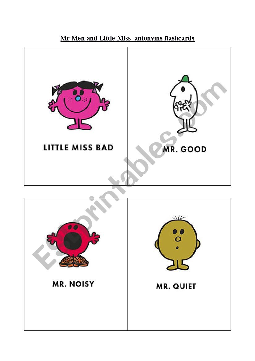 mr men antonyms flashcards worksheet