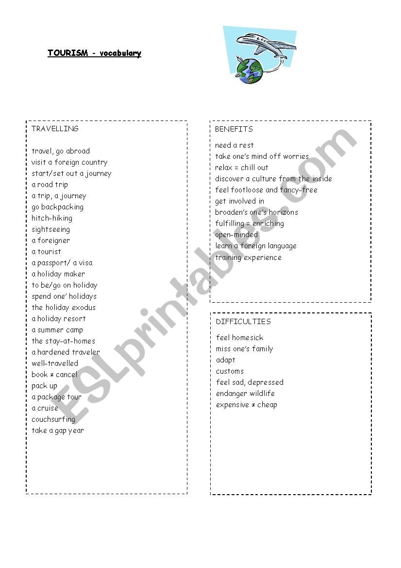 Tourism vocabulary worksheet